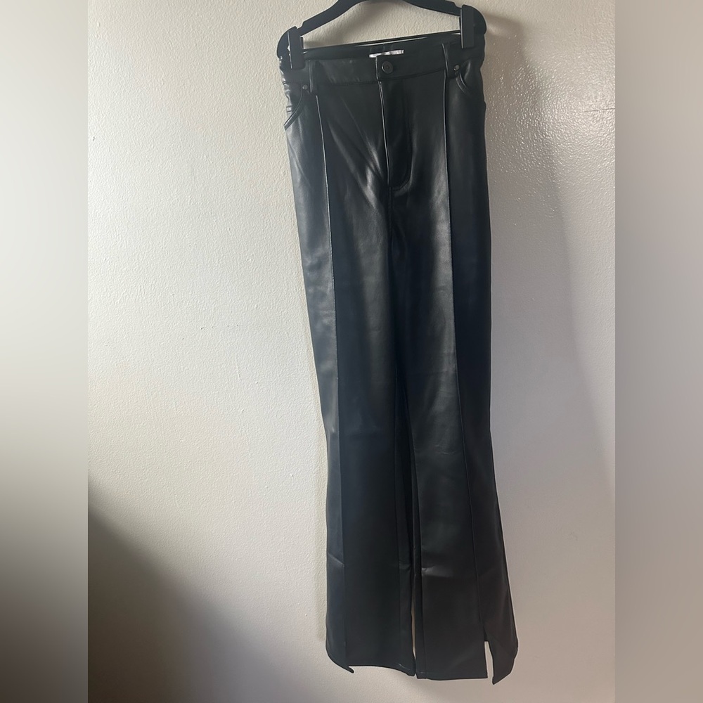 Johnny Was Cropped Flare Thermal Faux Leather Pants W/ Front Kick Slit
